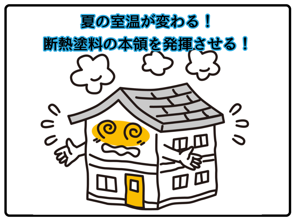 テキスト夏の室温が変わる！断熱塗料の本領を発揮させる！と暑さにばててる家のイラスト