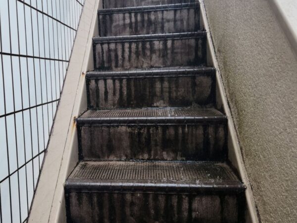 黒ずみと汚れ、コケでかなり汚れた外階段