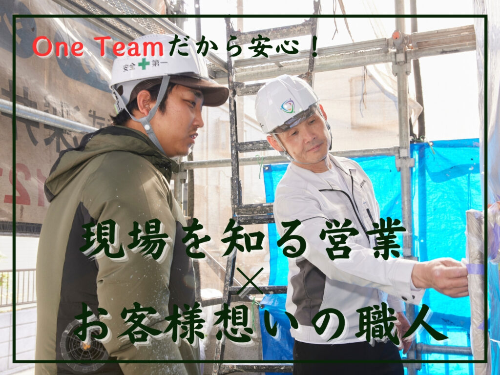 OneTeamだから安心！現場を知る営業×お客様想いの職人のテキストと営業と職人の打ち合わせ写真