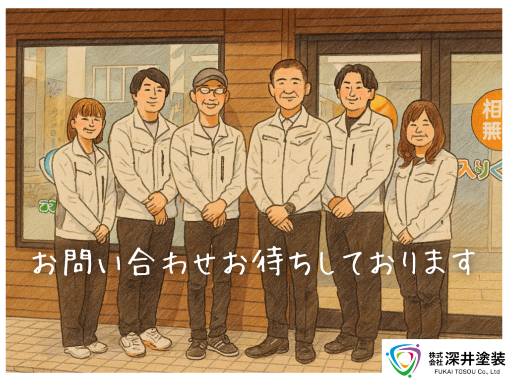 テキストお問い合わせお待ちしておりますとイラストで描いた社長と従業員5名