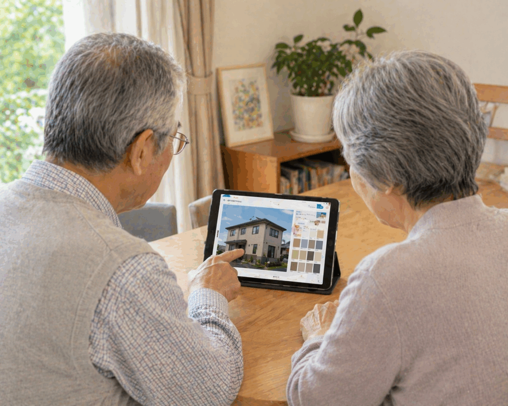 シミュレーションを試す老夫婦の写真