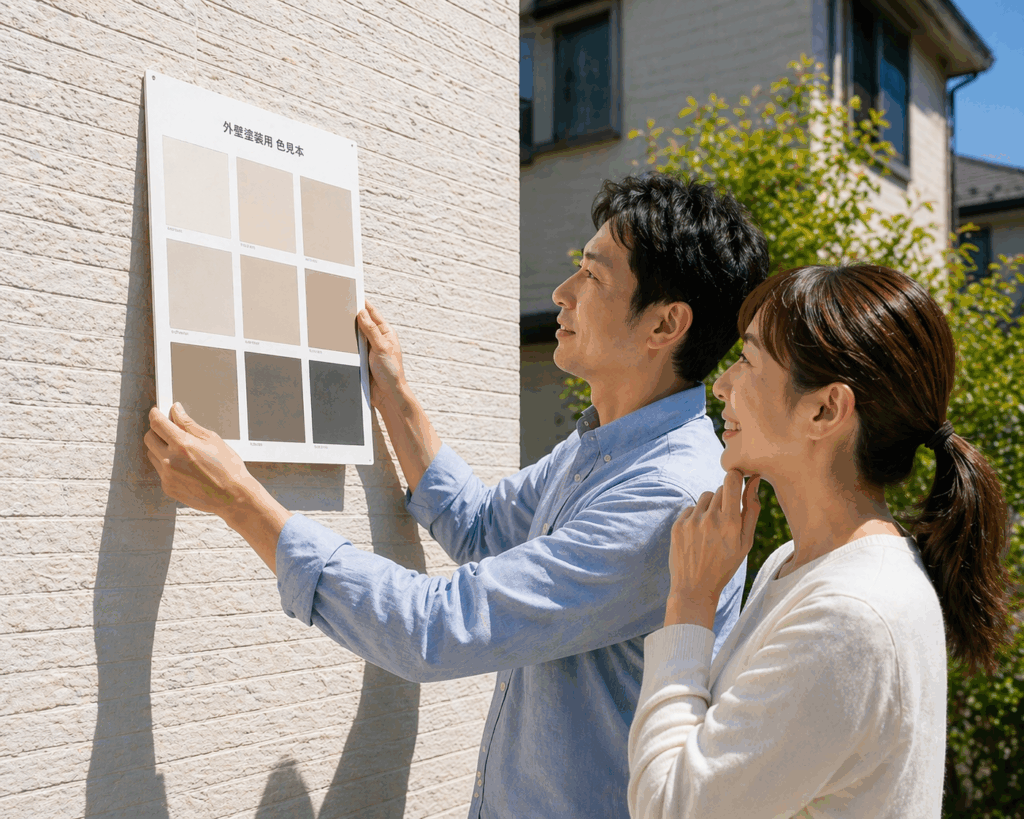太陽の下で色見本板をかざす夫婦
